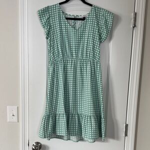 Mint Gingham Mini Dress - Casual Flutter Sleeve